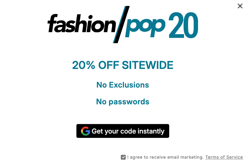 Example modal offering 20% off sitewide with Google one-click capture